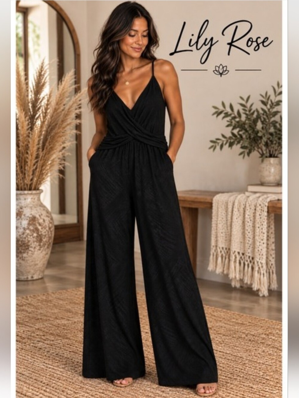 Lily Rose Black Textured Wide Leg Jumpsuit Surplice V-Neck Pockets Size M
